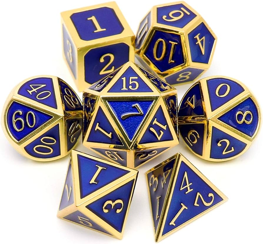 Metálico Esmaltado Azul/Dorado | Dados para juegos de rol y mesa en PiedraBruja Chile