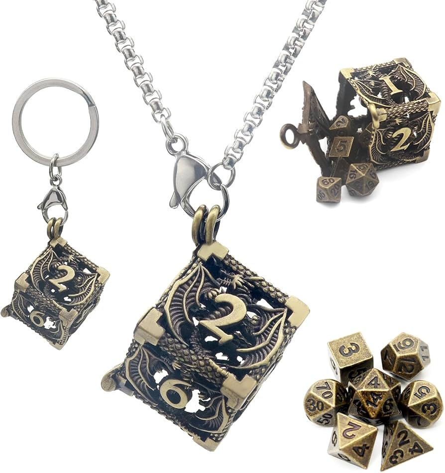 Colgante: Jaula D6 con Set Dados Mini Cobre