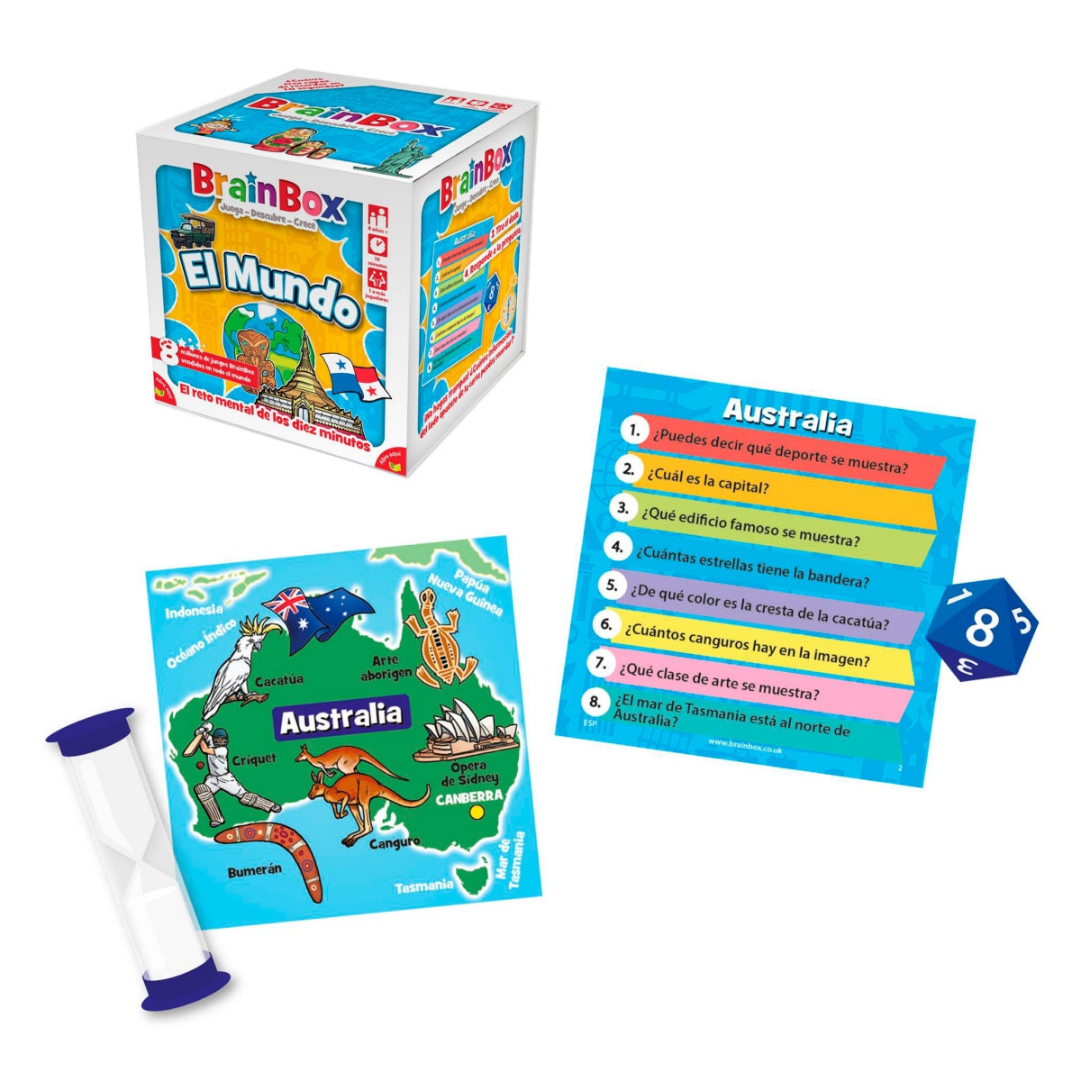 Contenido del juego de mesa educativo Brainbox el mundo