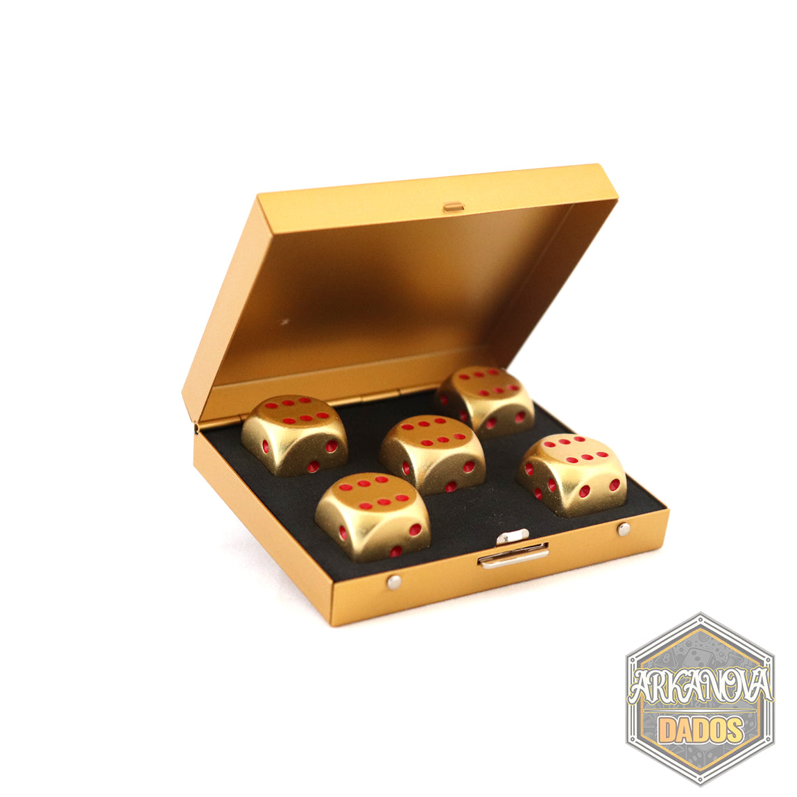 Estuche Metálico + 5 Dados D6 Metálicos en Amarillo