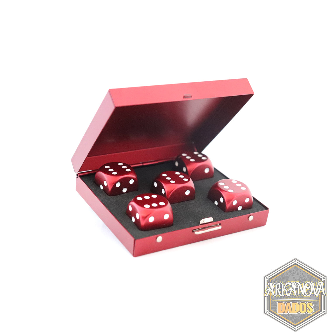 Estuche Metálico + 5 Dados D6 Metálicos en Rojo