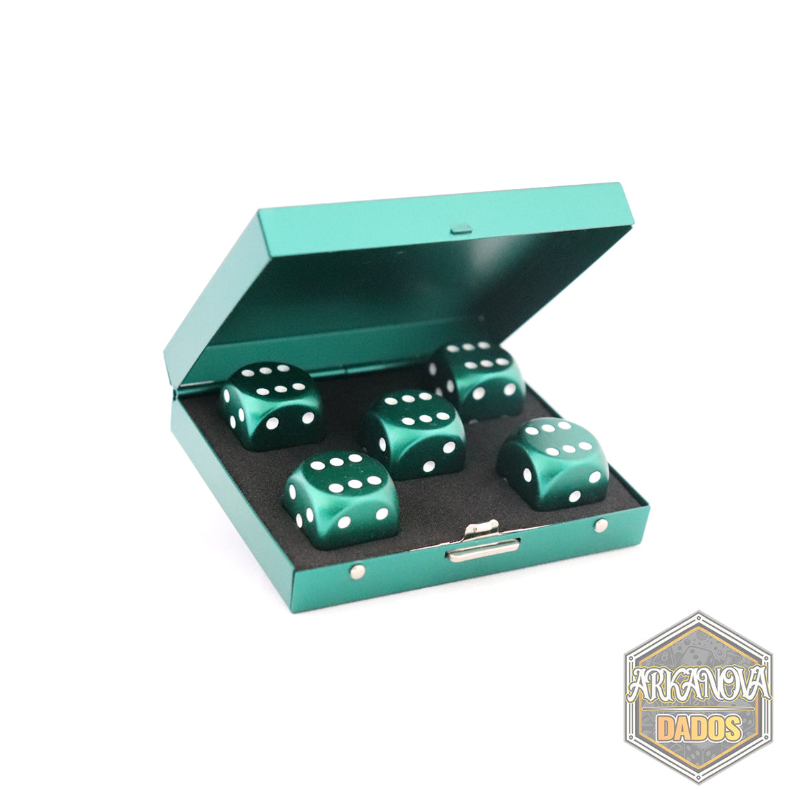 Estuche Metálico + 5 Dados D6 Metálicos en Verde | Dados para juegos de rol y mesa en PiedraBruja Chile