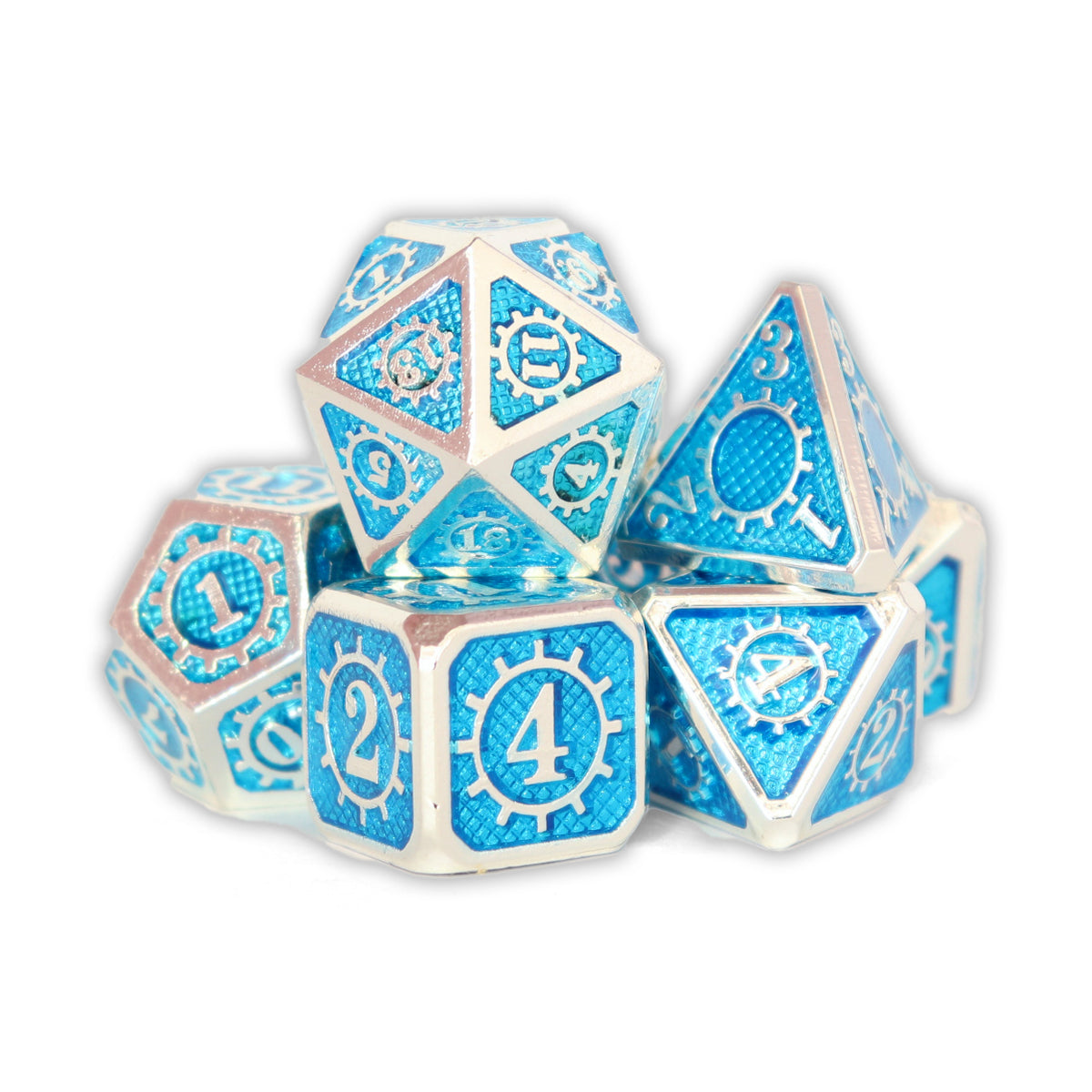 Metálico Esmaltado Cian/Plateado | Dados para juegos de rol y mesa en PiedraBruja Chile