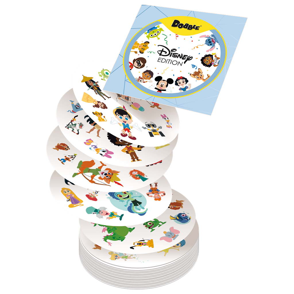 Cartas y contenido del juego de mesa familiar dobble disney edition