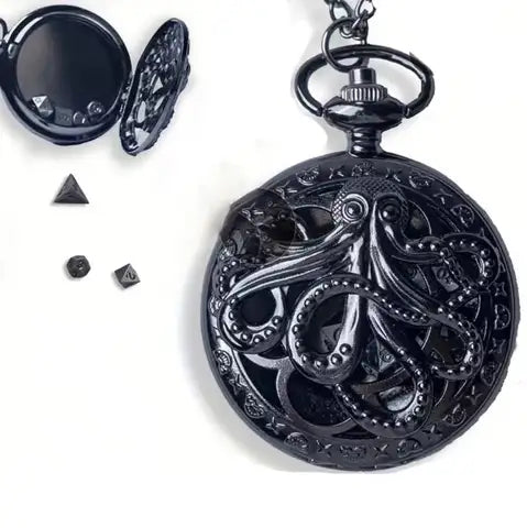 Locket Cthulhu + Mini Dados Metálicos - Acero Negro