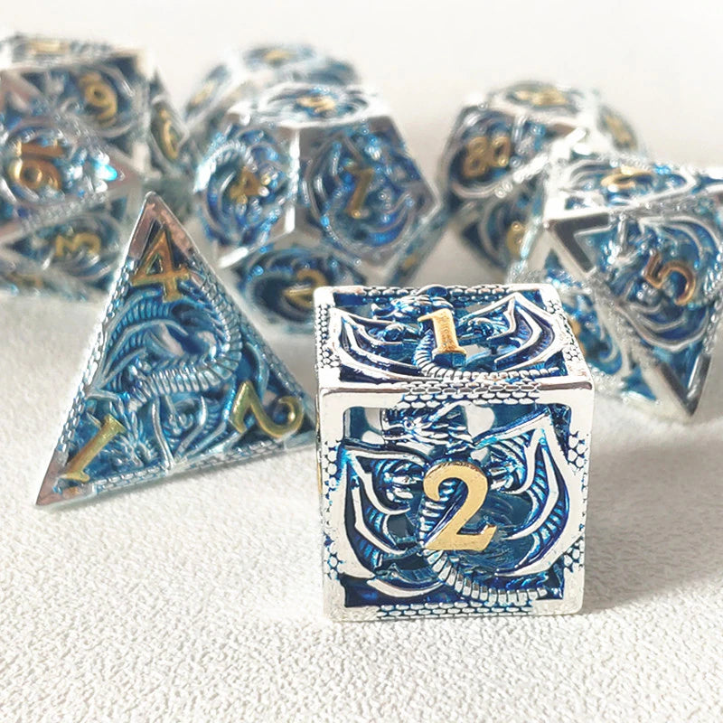 Metálicos - Filigrana de Dragon Plata y Azur | Dados para juegos de rol y mesa en PiedraBruja Chile