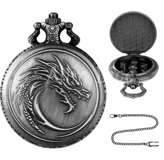 Locket Emblema de Dragon + Mini Dados Metálicos - Hierro