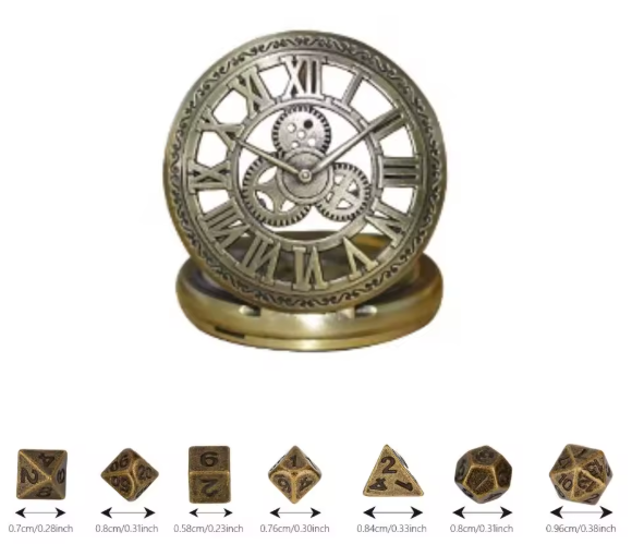 Locket Reloj Victoriano + Mini Dados Metálicos - Bronce