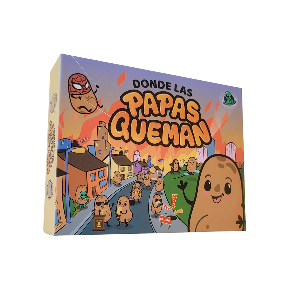 Caja del juego de mesa familiar donde las papas queman