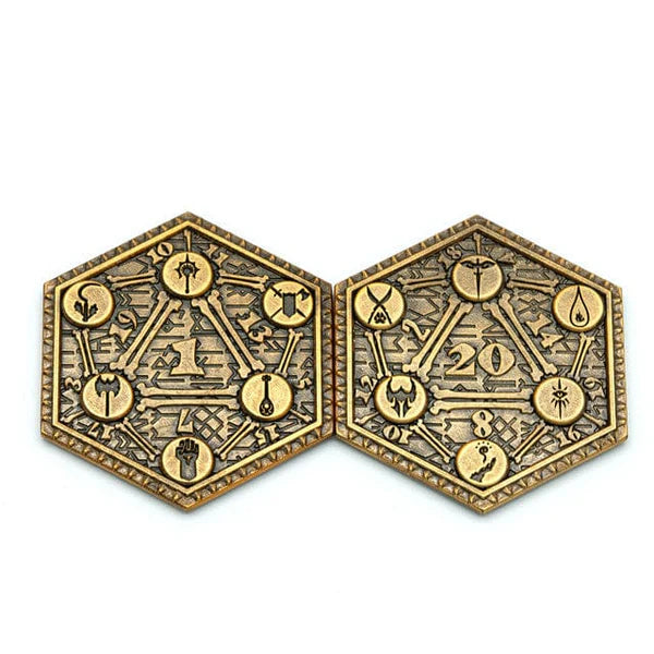 Retro D20 Golden Metal Coin (clases) | Dungeons & Dragons y accesorios D&D en PiedraBruja Chile