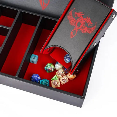 Caja de Cuero + Torre de Dados - Modular en Rojo y Negro | Dados para juegos de rol y mesa en PiedraBruja Chile
