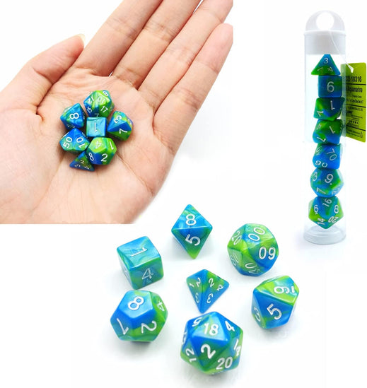 Mini Set de dados 10mm en Tubo Gemini Verde y Azul