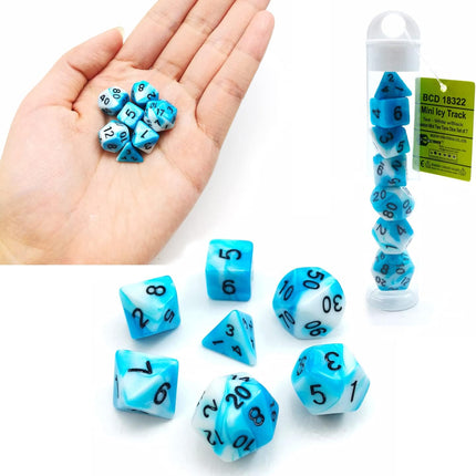 Mini Set de dados 10mm en Tubo Gemini Celeste y Blanco