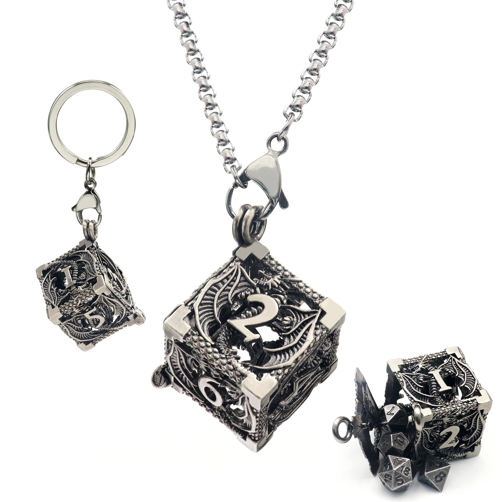 Colgante: Jaula D6 con Set Dados Mini Plateado | Dados para juegos de rol y mesa en PiedraBruja Chile