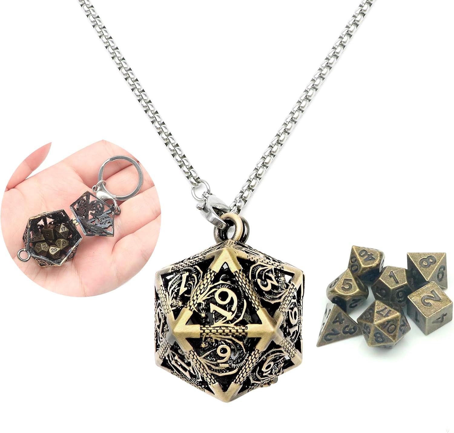 Colgante: Jaula D20 con Set Dados Mini Dorado