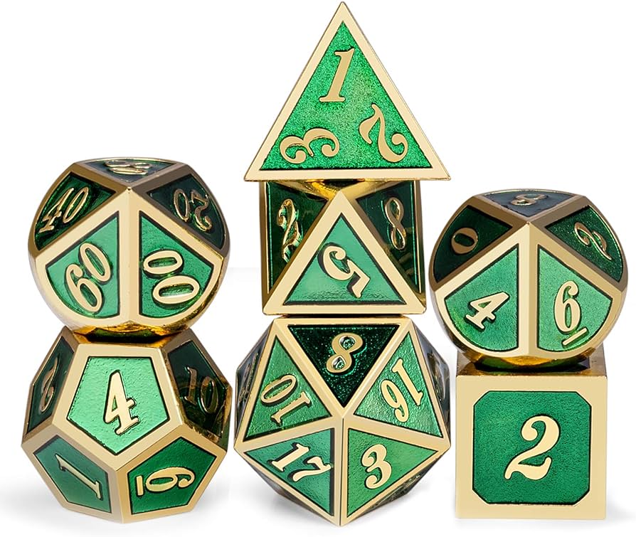 Metálico Esmaltado Verde/Dorado | Dados para juegos de rol y mesa en PiedraBruja Chile