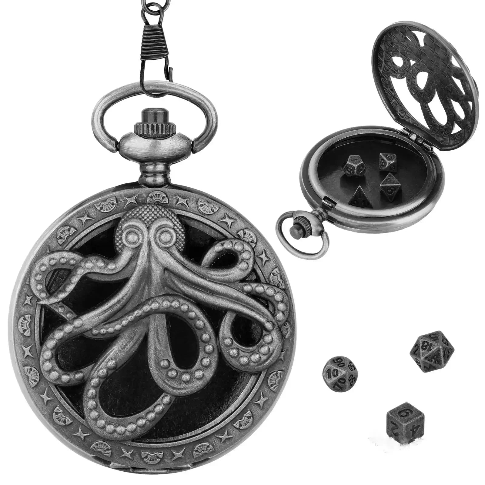 Locket Cthulhu + Mini Dados Metálicos - Niquel