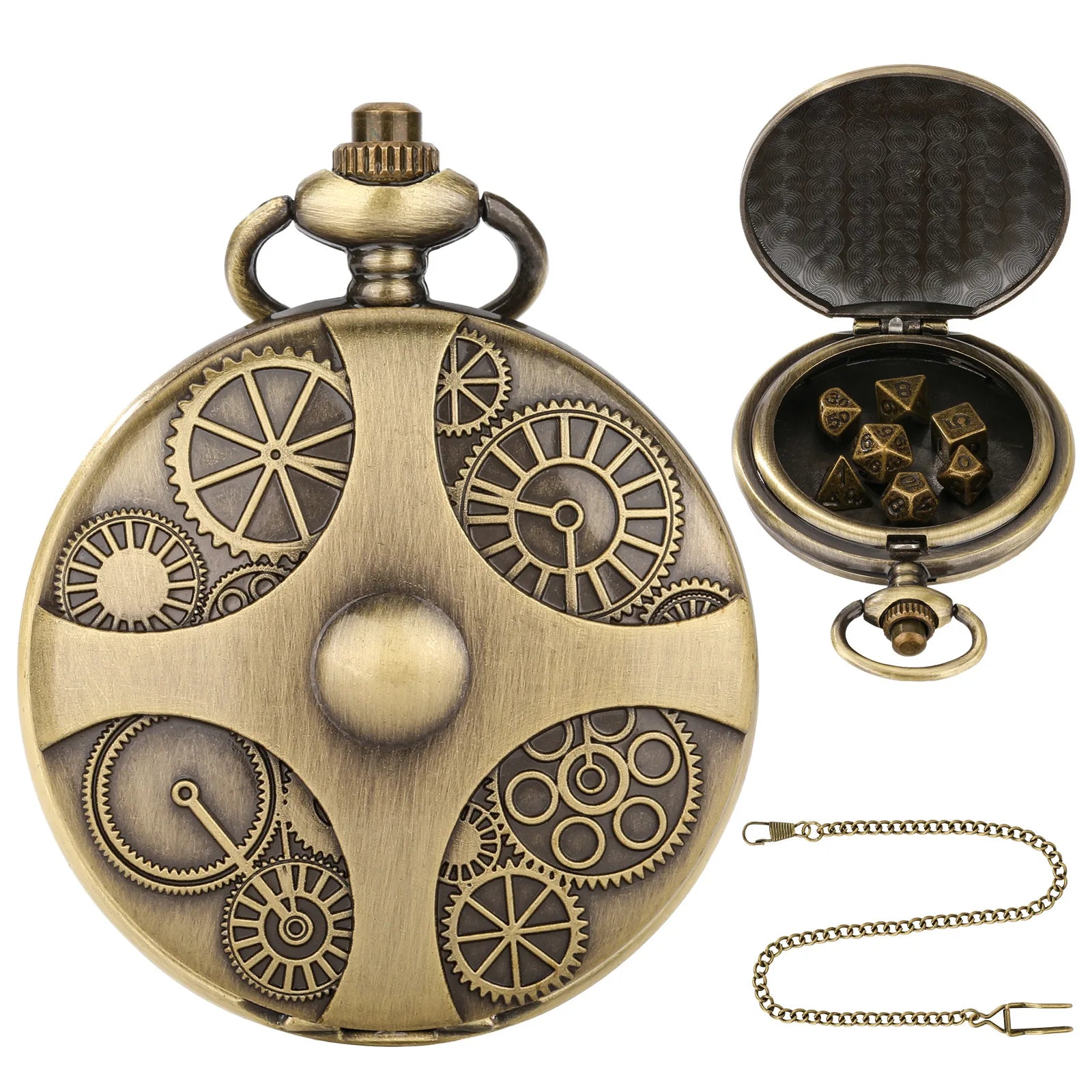 Locket Engranajes + Mini Dados Metálicos - Bronce