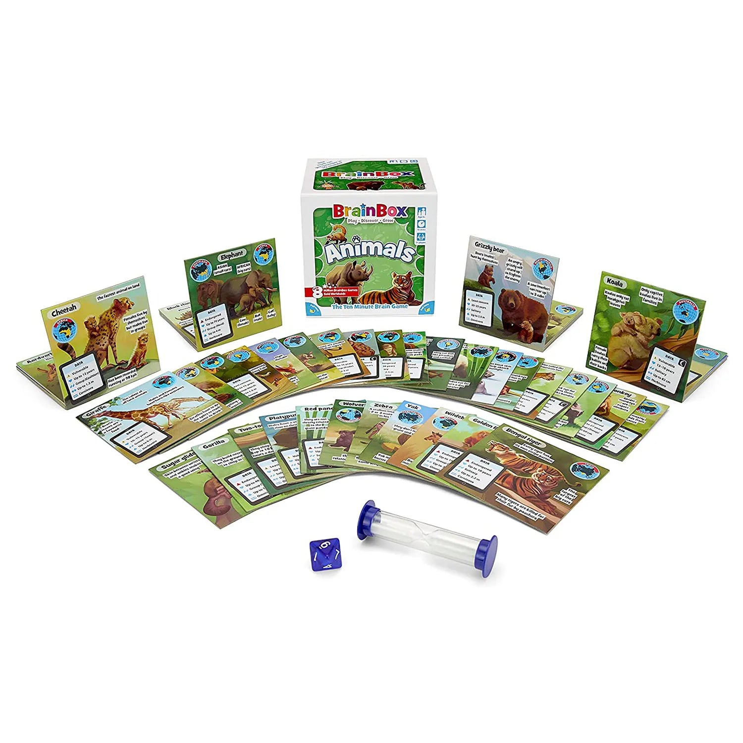 Contenido expuesto del juego de mesa educativo Brainbox animales