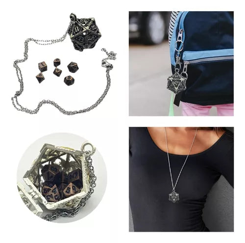 Colgante: Jaula D20 con Set Dados Mini Plateado