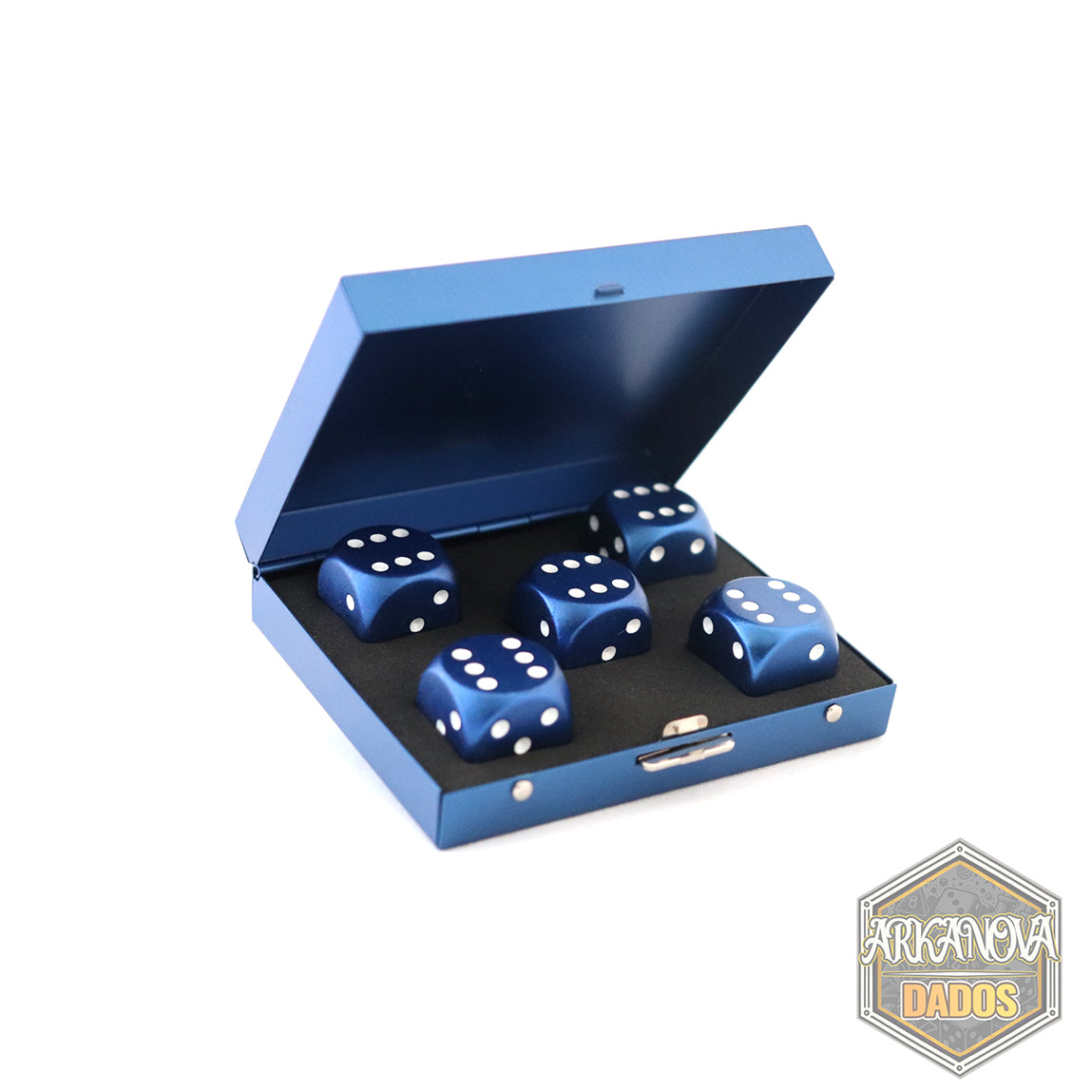 Estuche Metálico + 5 Dados D6 Metálicos en Azul | Dados para juegos de rol y mesa en PiedraBruja Chile