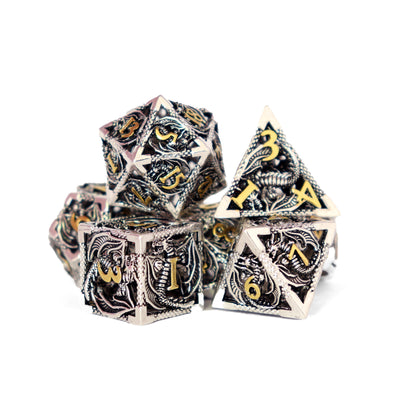 Metálicos - Filigrana de Dragón Dorado Plateado | Dados para juegos de rol y mesa en PiedraBruja Chile