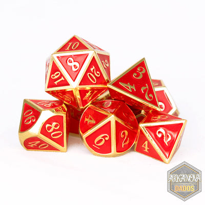 Metálico Esmaltado Rojo/Dorado | Dados para juegos de rol y mesa en PiedraBruja Chile