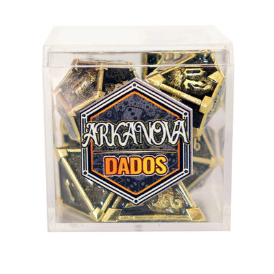 Metálico Dorado Fantasía Negro | Dados para juegos de rol y mesa en PiedraBruja Chile