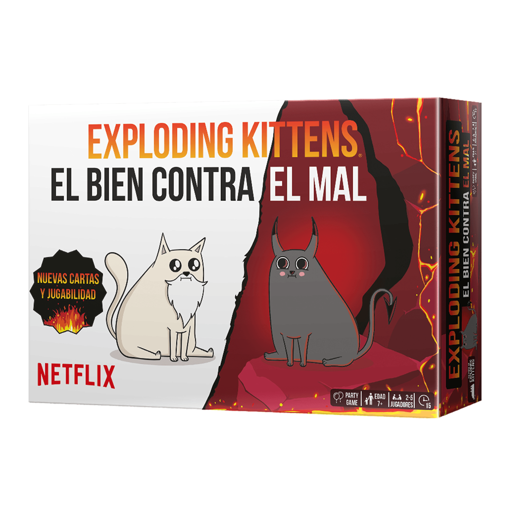 Caja y portada del juego de mesa exploding kittens el bien contra el mal
