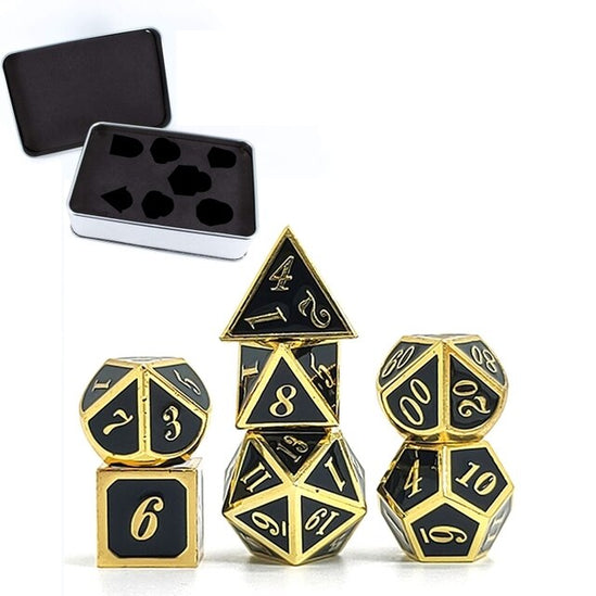 Dados Set Metálico Esmaltado Negro Dorado