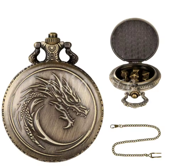 Locket Emblema de Dragon + Mini Dados Metálicos - Cobre
