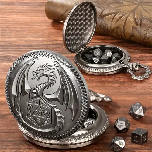 Locket Dragon + Mini Dados Metálicos - Acero