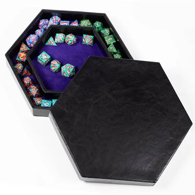 Caja/Bandeja Negra - Hexagonal Doble Fila en Purpura | Dados para juegos de rol y mesa en PiedraBruja Chile