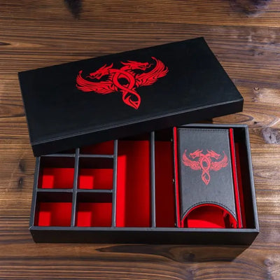 Caja de Cuero + Torre de Dados - Modular en Rojo y Negro | Dados para juegos de rol y mesa en PiedraBruja Chile