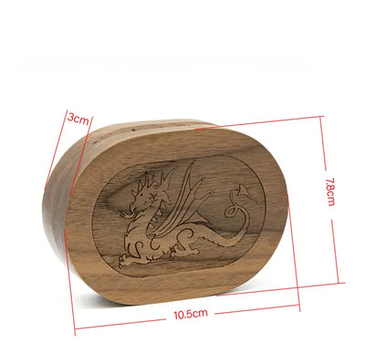 Caja de Madera - Nogal Elíptica tallado Dragón | Dados para juegos de rol y mesa en PiedraBruja Chile