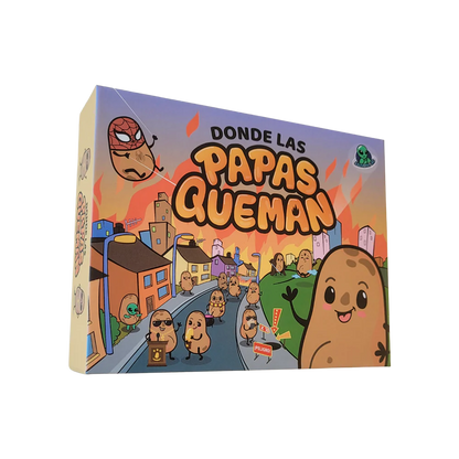 Caja del juego de mesa familiar donde las papas queman